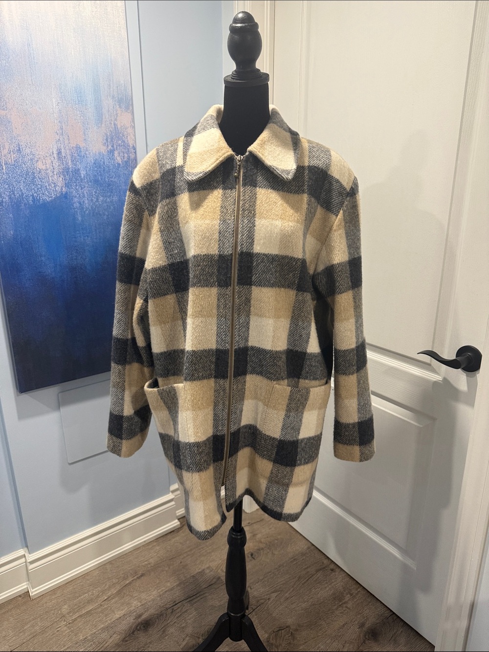 2 for 30$💗 LAUREN JEFFRIES Plaid Zip-Front Pea Coat in Beige & Black- 🇨🇦 Made